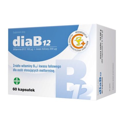 DiaB12 - a dietary supplement containing vitamin B12 and folic acid designed to supplement the daily diet in people using metformin. Product designed for adults.