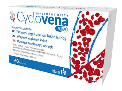 Cyclovena (60 capsules) is designed to support venous circulation and alleviate symptoms associated with varicose veins, leg heaviness, and swelling. The formula contains butcher's broom (*Ruscus aculeatus*) extract, hesperidin, and vitamin C, which help maintain the health of veins and blood vessels.