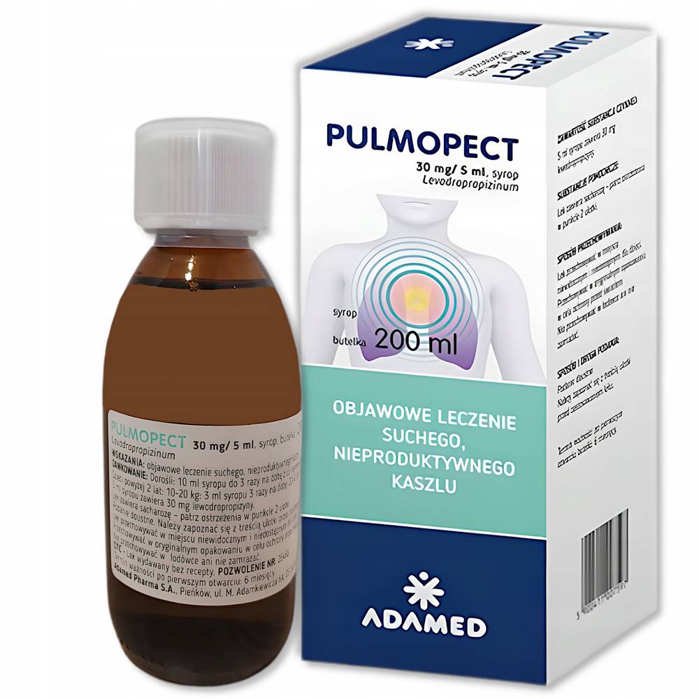 pulmopect 30 mg 5 ml syrup for dry unproductive cough 200 ml Пульмопект – препарат в форме сиропа со вкусом малины для симптоматического лечения сухого непродуктивного кашля у детей старше двух лет и взрослых.