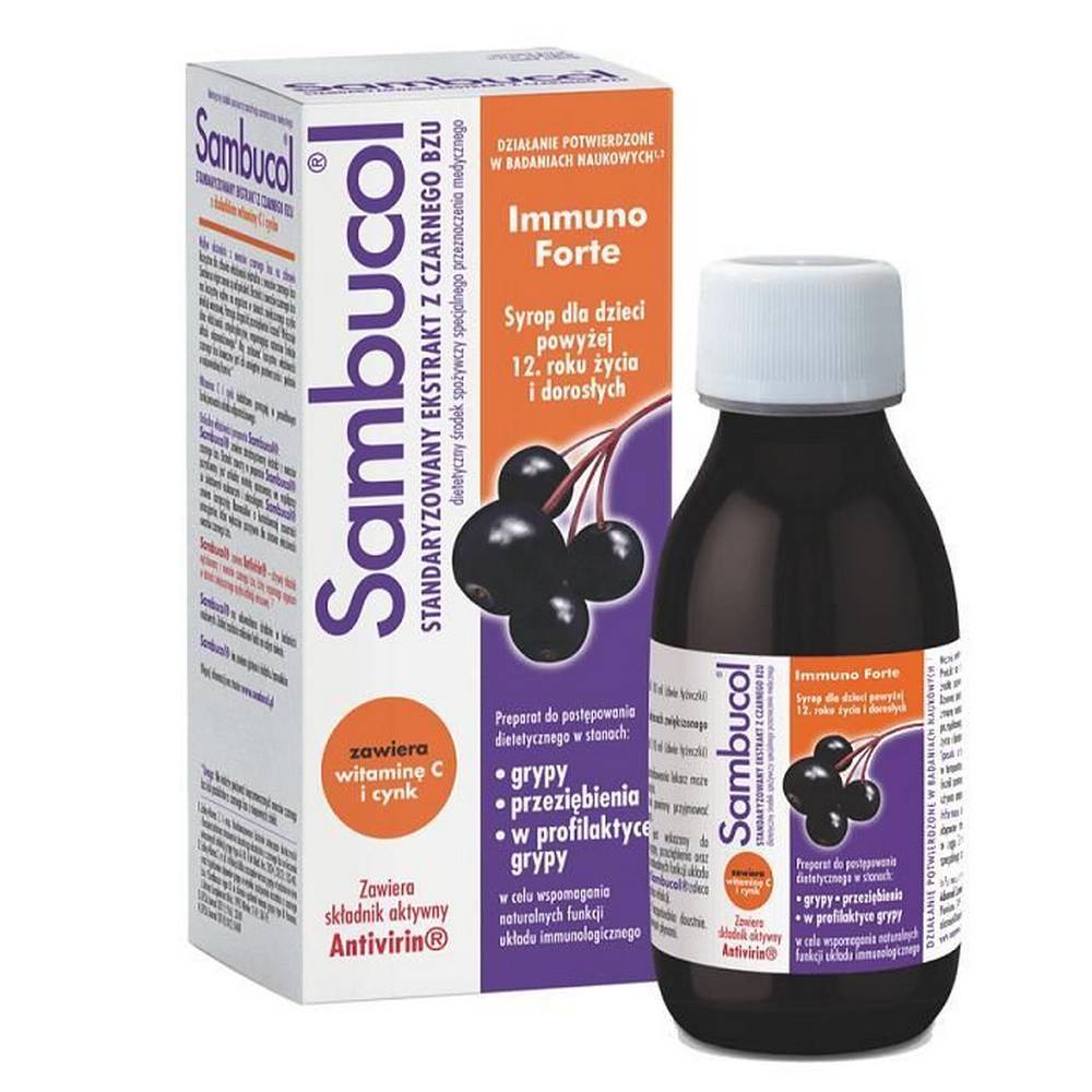 sambucol immuno forte powyzej 12 roku zycia syrop 120ml Sambucol is indicated for use against flu and colds to support the natural functions of the immune system.