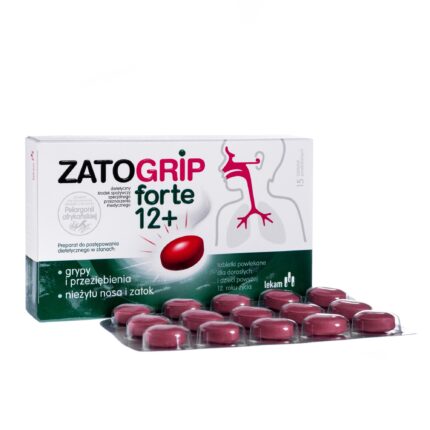 Zatogrip Forte 12+ is a dietary supplement intended for adults and children aged 12 years and older. It contains standardized herbal extracts, zinc, and vitamin D to support the immune system and respiratory tract, especially during periods of increased risk of colds.
